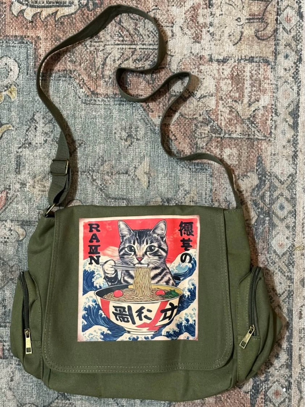 Canvas Crossbody Bag with Cat Ramen Print - Olive Green